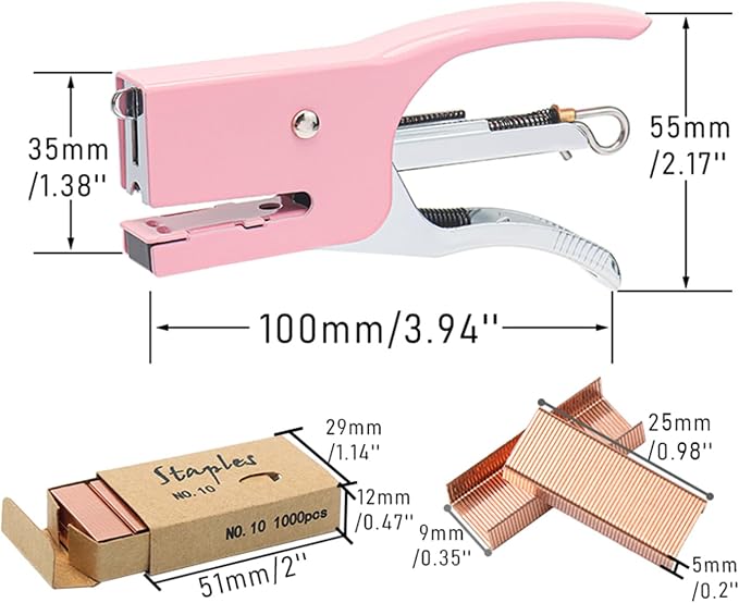 Pink Plier Stapler & 1000 No.10 Rose Gold Staples | 15 Sheet Capacity Staples for Office School Home Desk Accessories Supplies