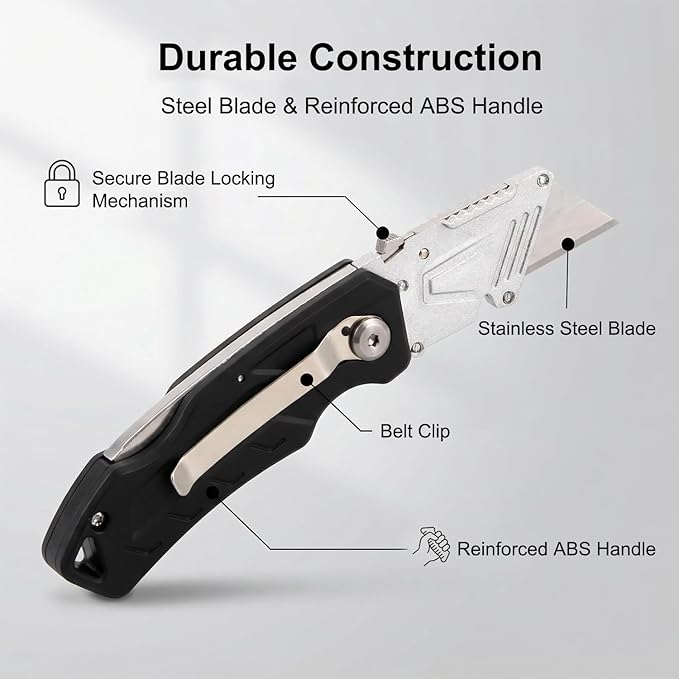 (2-Pack) Box Cutter with 10 Extra Blades, Heavy Duty Folding Utility Knife for Cardboard, Carton, Carpet Cutting, Anti-slip ABS Handle, Quick Replace Blade