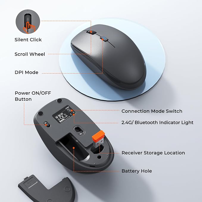 MEETION Wireless Keyboard Mouse Combo, Silent Full-Size Design, Black | Quiet keyboard with wireless optical mouse, adjustable DPI control, ideal for work, home use and multiple computer setups