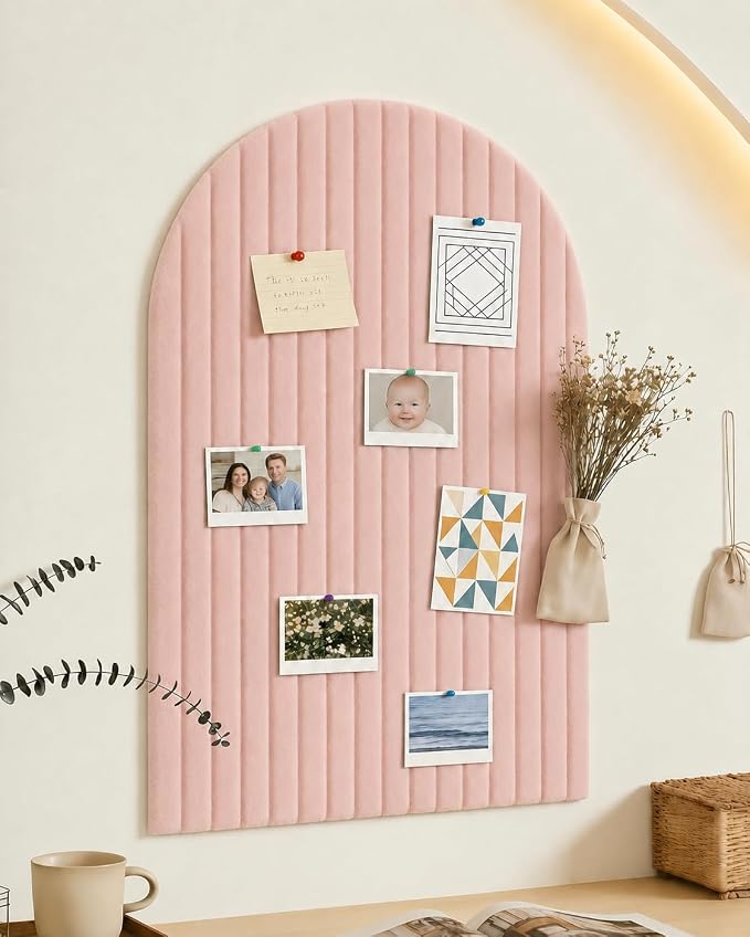 Large Arched Felt Bulletin Board, Sized 36" x 24" for Office & Wall Decor – 6 Customizable Adhesive Tiles with Pins are Perfect to Display Your Photos (Pink)