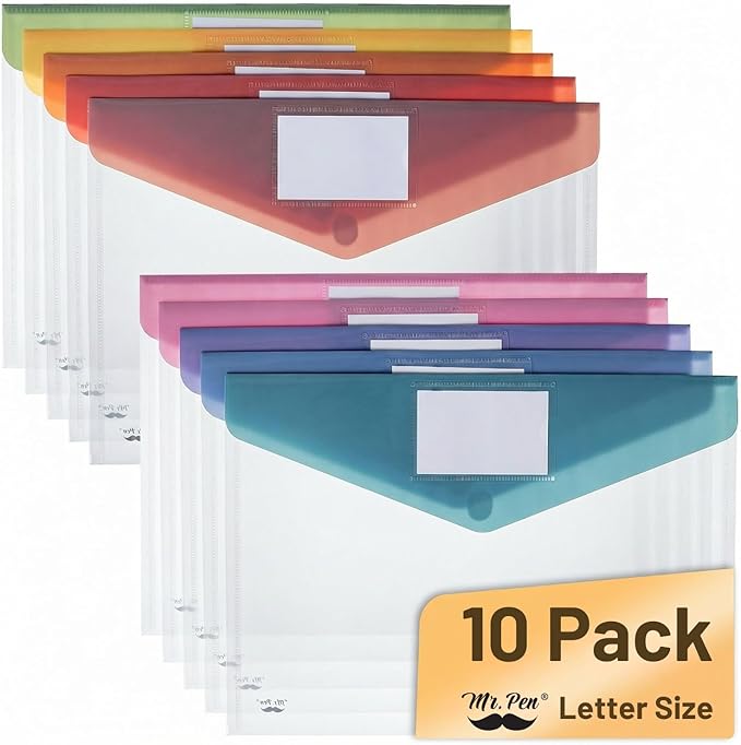 Mr. Pen- Clear Plastic Envelopes, 10 Pack, A4, Letter Size, Colorful, Clear Folders for Documents Plastic Envelopes for Documents