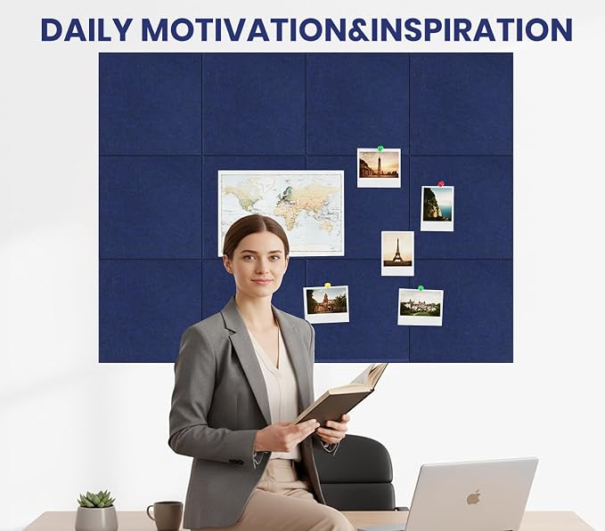 36" x 24" Felt Bulletin Board & Cork Board Alternative, Denim Blue | 6 Pack Removable Felt Wall Tiles with 20 pushpins, 30 Safe Adhesive Tabs, Pin Boards for Wall Decor, Home ,Office, Classroom