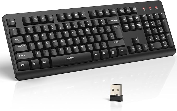 TECKNET Wireless Keyboard, 2.4G Silent Full-Size Keyboard with Number Pad | Ergonomic Keys & Adjustable Feet, Compatible with Laptop, PC, Desktop, Notebook, Windows 11/10/8/7 –Black