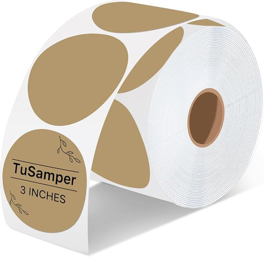 3 Inch Round Thermal Printer Label Stickers Self-Adhesive Circle Convenient Multi-Purpose Blank 3" Sticker Roll for Family Classification, DIY Envelope and Gift Sealing, Brown (500Pcs)