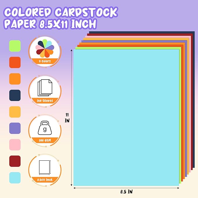 360 Sheets Colored Cardstock Paper 8.5 x 11, 9 Assorted Colors Construction Papers, Thick Cardstock Printer Paper 8.5 x 11, 200 GSM Card Stock Papers for Printing, DIY Crafts, Card Making, Invitations
