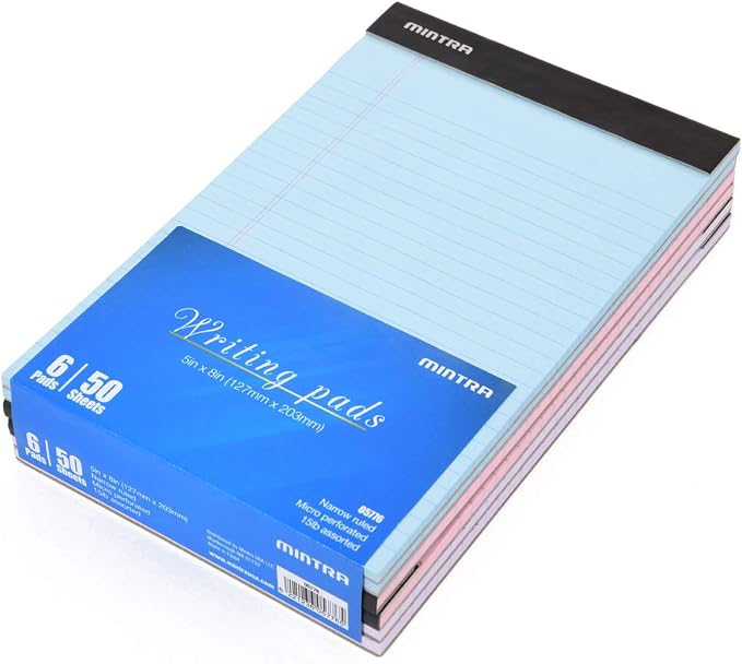 Mintra Office Colorful Legal Pads - Includes 2 Blue, 2 Pink, and, 2 Green Writing Pads, Micro Perforated Lined Sheets, Ideal for Professional & Personal Use, 5"x8" Narrow Ruled, 6 pack Basic Pastel