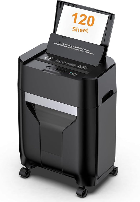 120-Sheet Auto Feed Paper Shredder, 40 Min Non-Stop, Shredders for Home Office Heavy Duty, P-4 Ultra Security Shredder for Home Office, Cross-Cut with Wheels, 5.28 Gal Bin, <63 dB (OL287)