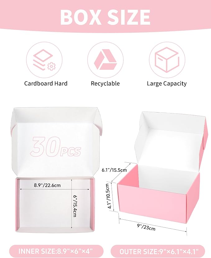 Shipping Boxes 9x6x4 Inch, Set of 30, Cute Pink Corrugated Cardboard Boxes, Mailer Packaging Boxes for Small Business Gift Literature Shipping