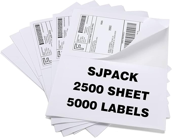 SJPACK 5000 Half Sheet Shipping Labels for Laser/Inkjet Printers - 5-1/2" X 8-1/2" Blank White Labels