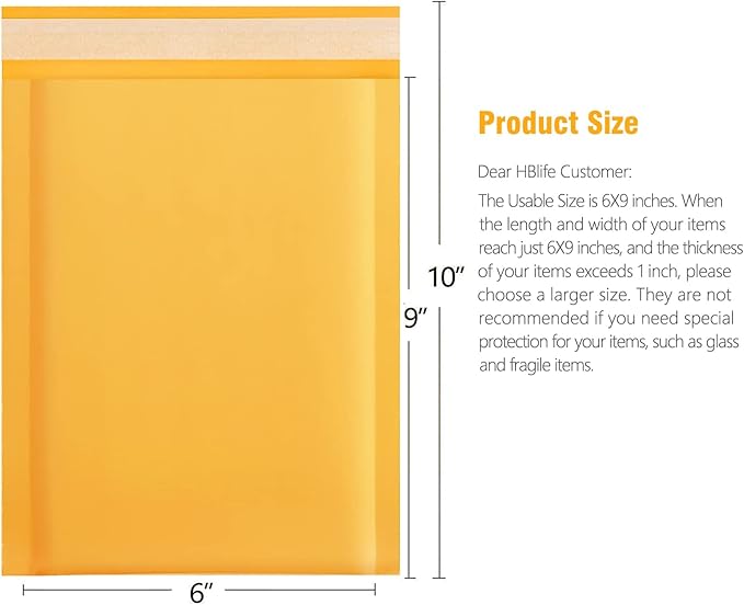 HBlife 100Pcs Kraft Yellow Bubble Mailers, 6x10 Inches Self Seal Kraft Poly Mailers, Padded Envelopes Shipping Bags Packaging for Small Business