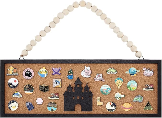 BENECREAT Rectangle Castle Pin Board Cork Board, 5.5x15inch Bulletin Display Board Wall Mounted Cork Board with Black Frame and White Beads for Brooch Pin Storage Display