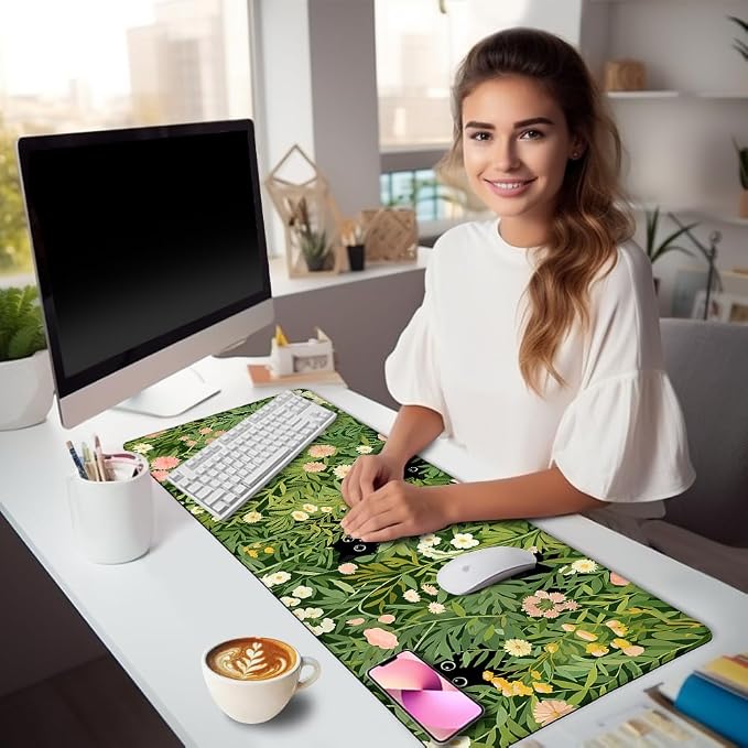 LIMKRIAN Anime Cat Mouse Pad, Green Desk Matt for Desktop, 31.5x11.8 in | Large Mouse Pads for Desk Gaming Computer Laptop, Stitched Edges, Non-Slip, Cute Green Office Desk Accessories for Women