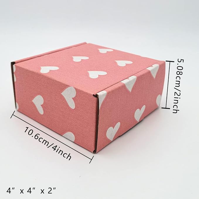 25 Pack Baby Pink Hearts Shipping Boxes, 4 x 4 x 2 inch Recyclable Kraft Corrugated Cardboard Boxes Literature Mailer for Mailing Packing for Mother's Day Small Business Shipping
