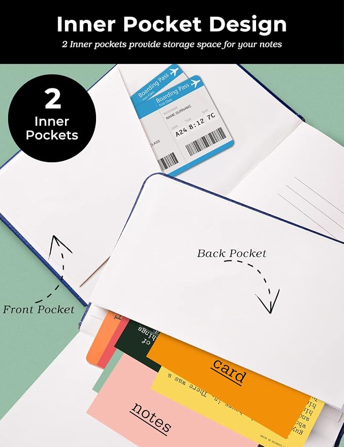 Pocket Notebook Small Notebook 2-Pack, 3.7" x 5.7" Pocket Notebooks Hardcover with Thick Lined Paper, Inner Pockets, Cover Letter Embossing Design Mini Journal Notepad Black+Navy