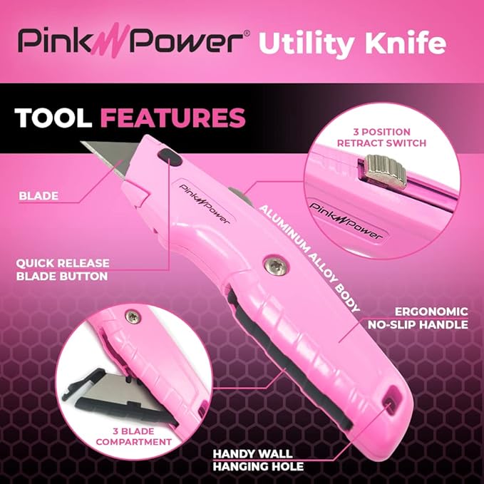 Pink Power Box Cutter Retractable, Pink Utility Knife for Carpet, Cute Box Cutter Knife Heavy Duty with 3 Blades and Storage Compartment - Opener Pocket Utility Tools for Women (50)
