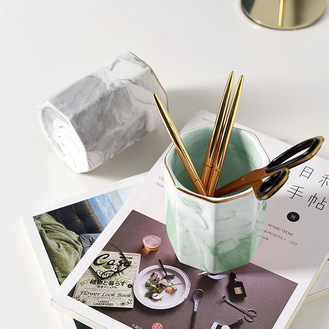 Pencil Holder, Pencil Cup for Desk, Makeup Brush Holder Cup, Cute Pencil Stand Marble Decorative for Kids Durable Ceramic Desk Organizer for Office, Classroom, Home, Antique Green Marble