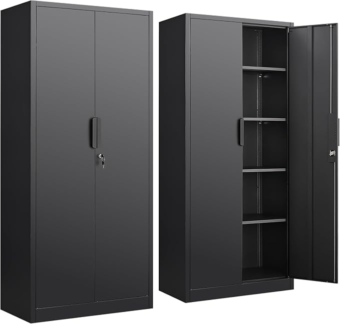 Metal Garage Storage Cabinet, 72" Tall, Black | With Lock, Steel Storage Locker, 4 Adjustable Shelves, Heavy Duty