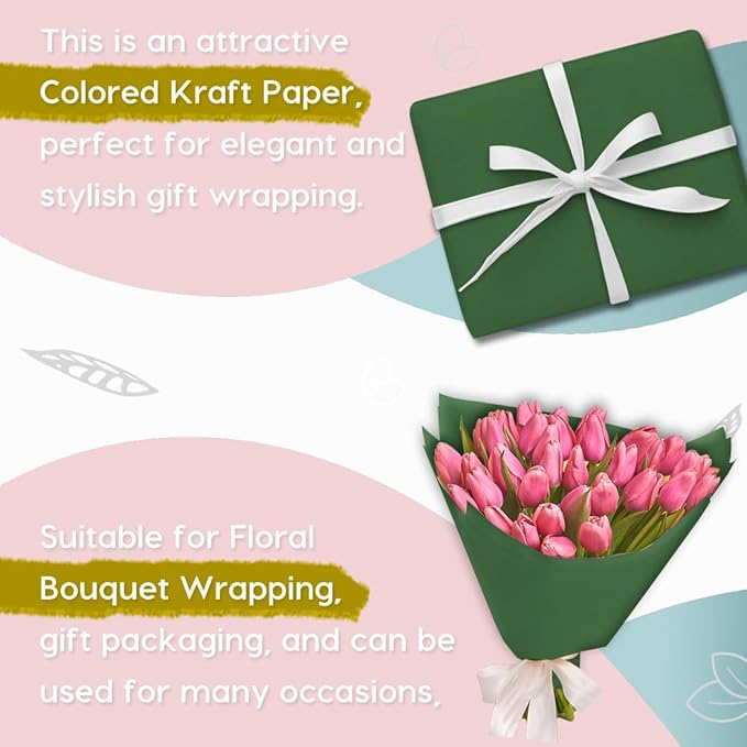SMART&CASUAL 36" x 1,500" (125') Dark Green Kraft Craft Paper Roll for Gift Wrapping Bulletin Board Bouquet Flower Kids Art Packing Parcel Table Covering 80GSM 55LB (Dark Green, 36" x 125')