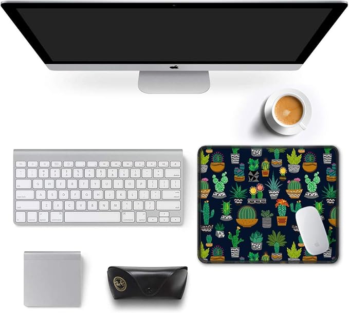 Auhoahsil Mouse Pad, 12 x 10 in Cactus Theme Computer Mouse Pad for Desk, Premium-Textured Non-Slip Rubber Stitched Edges Waterproof Square Mouse Mat for Gaming Work Wireless Mice, Black