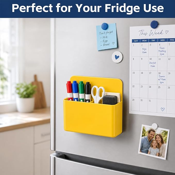 Magnetic Pencil Pen Holder, 2PCS Dry Erase Marker Holder for Whiteboard, Yellow Magnet Storage Pencil Cup Case Box Fridge Organizers Locker Accessories for Office School Classroom Teacher Must Haves