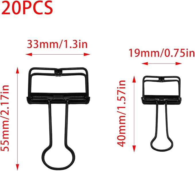 20 Pcs Hollow Out Long Tail Wire Binder Clips, 10 Medium + 10 Small | Black, Assorted Sizes, Hollow Binder Clamps, Paper Binder Clips for Office School Supplies
