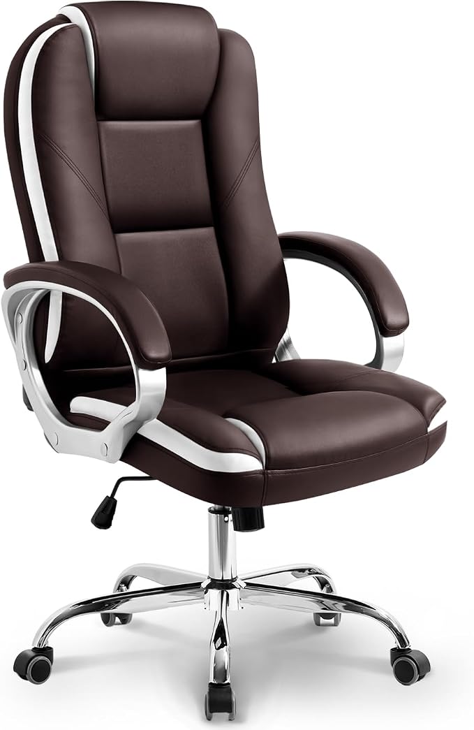 NEO CHAIR Office Desk Chair PU Leather Chair with Lumbar Support, Brown | Ergonomic High Back Executive Computer Chair, Comfortable Padded Fixed Armrests Swivel Chair with Wheels for Office/Home
