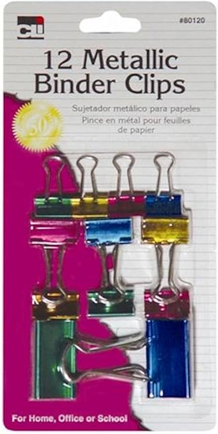 Charles Leonard Binder Clips, Metallic, Assorted Colors and Sizes, 12-Pack (80120)