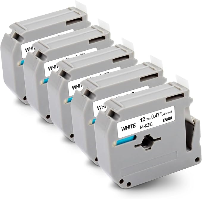 Labelwell 5-Pack M-K231 Tape 12mm 0.47 Black on White Replacement for | Brother P Touch M Label Tape MK231 M-K231 M-K231s Refills for PTouch PT-45 PT-65 PT-70 PT-80 PT-M95 PTM95 PT-70BM Label Maker