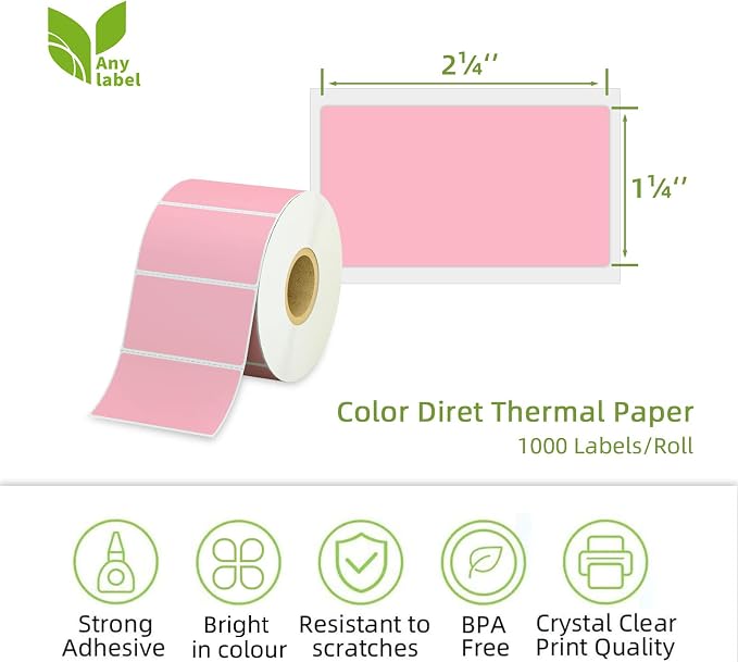2.25" x 1.25" Pink Direct Thermal Labels, Replacement for Self-Adhesive Address Shipping Barcode Thermal Stickers, Compatible with Rollo & Zebra Thermal Label Printer(1 Roll, 1000 Labels)