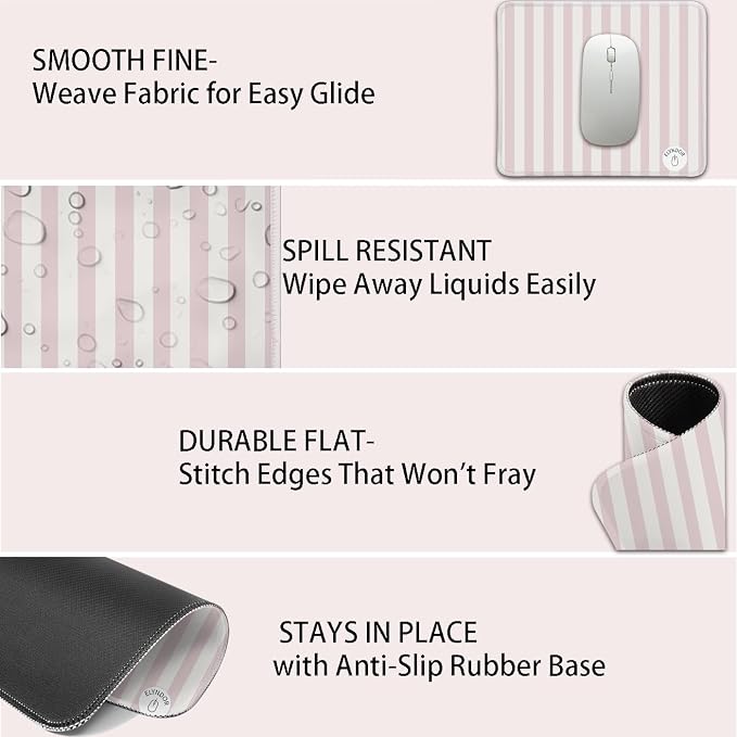 Mouse Pad for Desk with Stitched Edge, Premium Cute Washable Mouse Pads. Computer Mousepad with Non-Slip Rubber Base, Mousepads for Laptop, 9.25x7.75x0.12 inch (Pink Stripes)