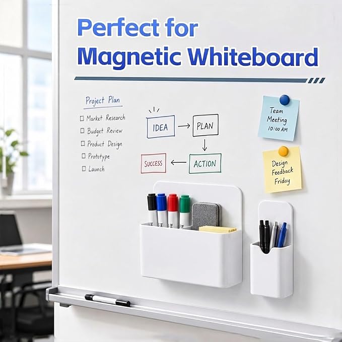 Magnetic Pen Holder, 2 Pack Magnetic Dry Erase Marker Holder with Compartments, Magnetic Marker Holder Pen Pencil Organizer for Whiteboard, Refrigerator, Classroom, Office, Locker Accessories, White