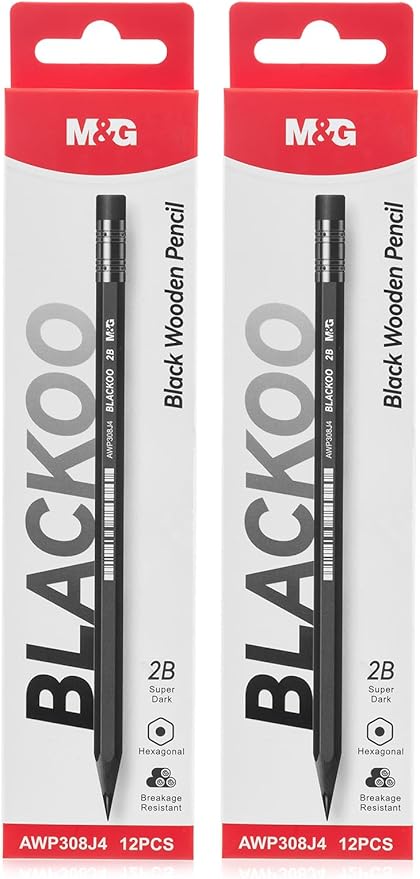 M&G BLACKOO Series 2B Wood-Cased Pencils, 24-Pack Pre-Sharpened with Top Erasers, Bulk Black Pencils for School, Teachers, Writing, Drawing and Sketching (Black)