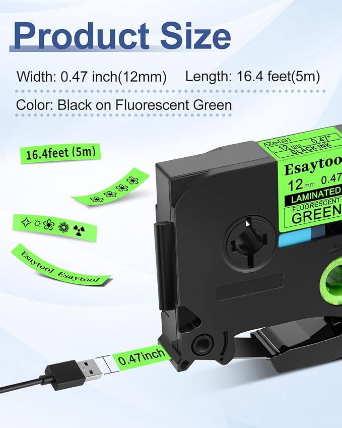 5 Pack Esaytool Replacement for P-Touch TZe-D31 12mm Black on Green | TZeD31 TZD31 0.47'' x 16.4' Fluorescent Laminated Label Tape for PT-H110 PT-D210 PT-D600 PT-P710BT PT-D400AD PT-D450 Maker