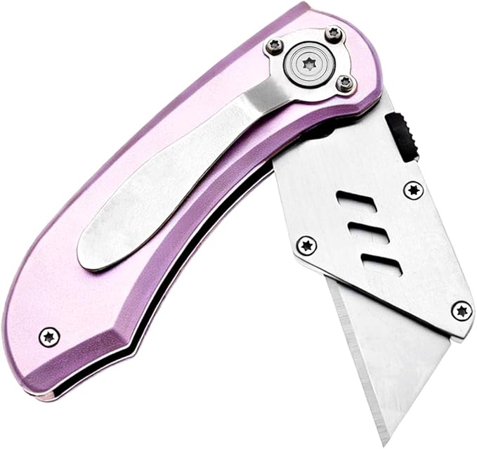 Utility Knife Folding Safety Lock Quick Change with 10 Extra SK5 Replacement Blade Lightweight Aluminum Handle & Pocket Clip Multi-Use Box Cutter Office Home Art Diy Great Gift Choice (New.Pink)