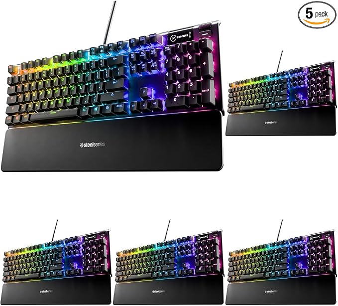 SteelSeries USB Apex 5 Hybrid Mechanical Gaming Keyboard – Per-Key RGB Illumination – Aircraft Grade Aluminum Alloy Frame – OLED Smart Display (Hybrid Blue Switch) (Pack of 5)