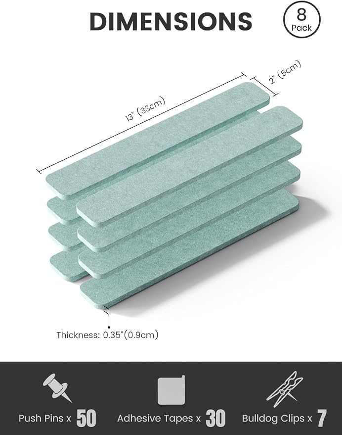 Fluxynara 13" x 2" Felt Wall Panels, Teal Blue | 8-Pack Includes 50 Push Pins and Adhesive Tabs for Photos, Notes and Decor in Bedroom Doors, Home Office or Studios