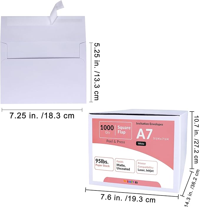 Winlyn 1000 Pcs White A7 Invitation Envelopes 5 1/4 x 7 1/4 Square Flap Envelopes Self Seal 95lb for Wedding Shower Birthday Bussiness Mailing Invitation Announcement 5 x 7 Greeting Cards Photos