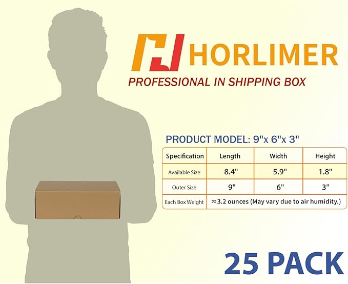 HORLIMER 9x6x3 inches Shipping Boxes Set of 25, Brown Corrugated Cardboard Box Literature Mailer