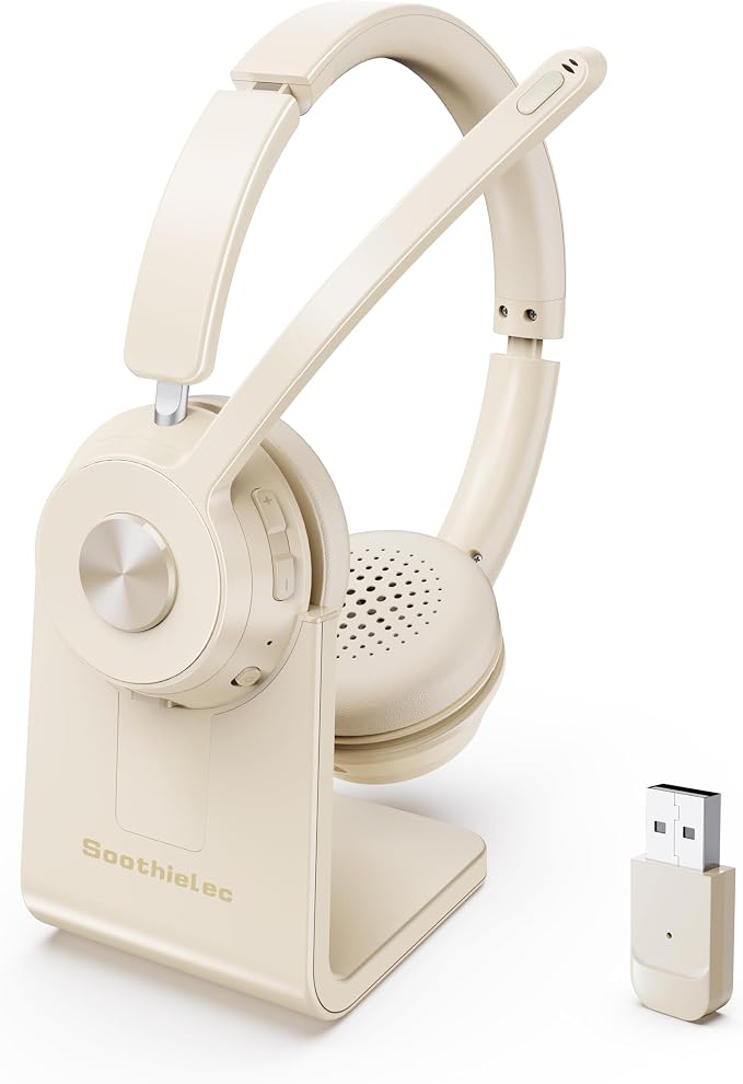 Wireless Headset with Mic for Work, Bluetooth Headset with Noise Cancelling | Headphones with Mic Mute & USB Dongle for PC/Computer/Laptop/Cell Phones/Remote Work/Call Center (Beige White)