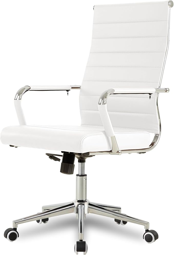 Okeysen Office Desk Chair, Ergonomic Leather Modern Conference Room Chairs, Executive Ribbed Height Adjustable Swivel Rolling Chair for Home Office Set of 1. (White)