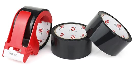 BOMEI PACK Black Packing Tape,Moving Tape,1.88 Inch x 55 Yards,2 Mil Thick Black Packaging Tape Refills with Dispenser,Heavy Duty Colored Shipping Storage Tape for Carton Sealing,Packaging and Moving