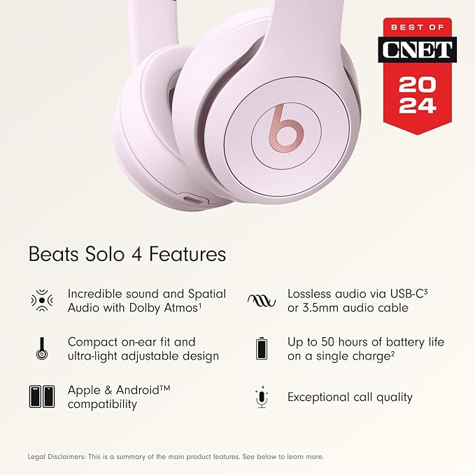 Beats Solo 4 - Wireless On-Ear Bluetooth Headphones, Up to 50-Hour Battery Life, Ultra-Lightweight Comfort, Powerful and Balanced Sound, Apple & Android Compatible - Cloud Pink