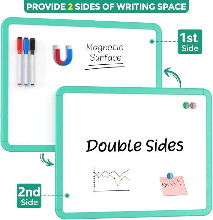 MaxGear Small Dry Erase Board for Wall, 14"x 11" Hanging Double-Sided Whiteboard with 3 Dry Erase Markers, 3 Magnets, Portable Mini White Board for Planning, Drawing, Memo, to Do List, Green Frame