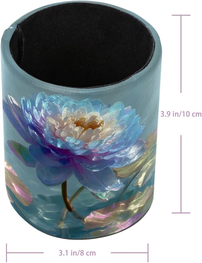 Leather Pen Holder for Desk, Water Lily Pencil Cup Pen Organizer Makeup Brush Holder for Office Home Kids Countertop Desk Accessory Storage