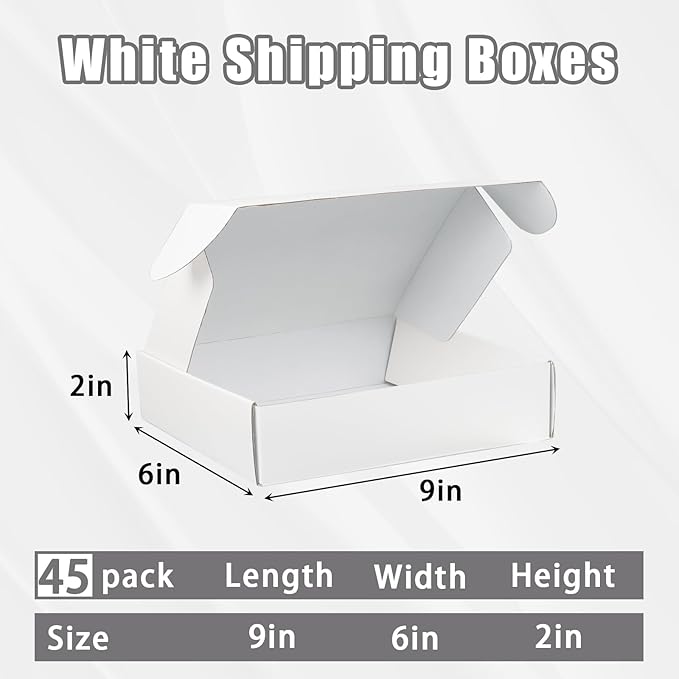 FORBFAN 9x6x2 Shipping Boxes, 45 Pack White Mailer Boxes for Small Business, Sturdy Corrugated Cardboard Packaging Boxes for Mailing & Shipping