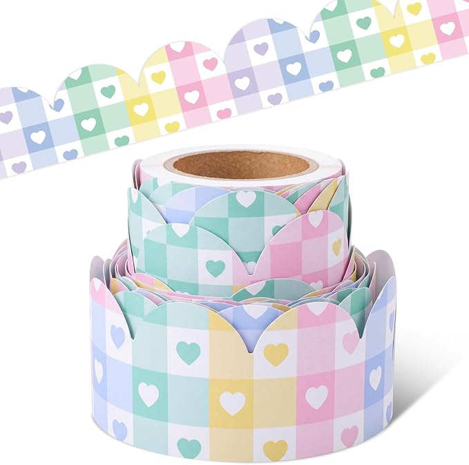 32.8 Ft Pastel Gingham Bulletin Board Borders, Scalloped | Checkered Hearts, Classroom Decor for Teachers, Cute Board Trim, Rainbow Style, Scalloped Paper Strip