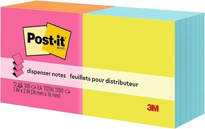 Post-it Pop-up Notes 3x3 in, 12 Pads, America's #1 Favorite Sticky Note, Alternating Colors of Power Pink & Vital Orange and Aqua Splash & Acid Lime, Poptimistic Collection, Clean Removal, Recyclable