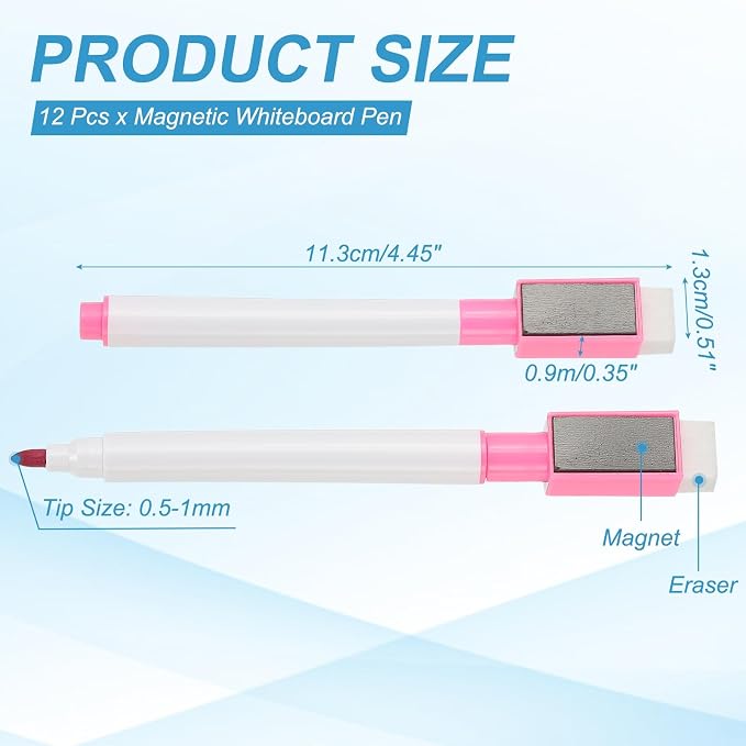 PATIKIL Magnetic Whiteboard Pen, Fine Tip Dry Erase Pink White Board Markers with Eraser Whiteboard Calendar Supplies for Classroom Office, 12 Pcs, 0.5-1mm Tip