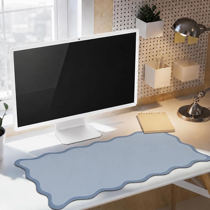 Hahafelt Scalloped Desk Mat Waterproof,Dusty Blue,31.5 X 15.8 Inches | Coquette Preppy Style for School Office Makeup Vanity, Nonslip Gaming Desktop Protector with Scalloped Stitched Edge Mat