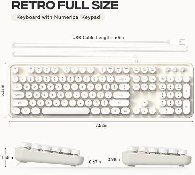 Computer Keyboard Wired, Plug and Play USB Retro Round Typewriter Keyboard, Full Size Wired Keyboard with Foldable Stands for Laptop and Office PC